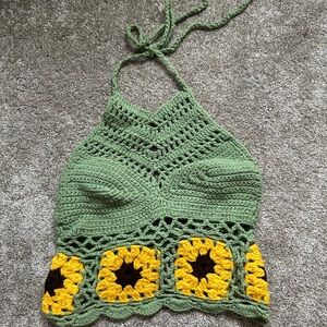 Green Crochet Halter Top with Sunflower Design and open back. Never worn